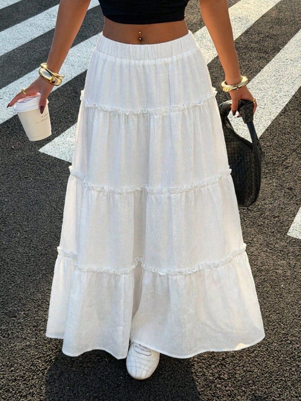 White Casual Women's Plain Long Layered Tiered Skirt With Ruffles And Pleats